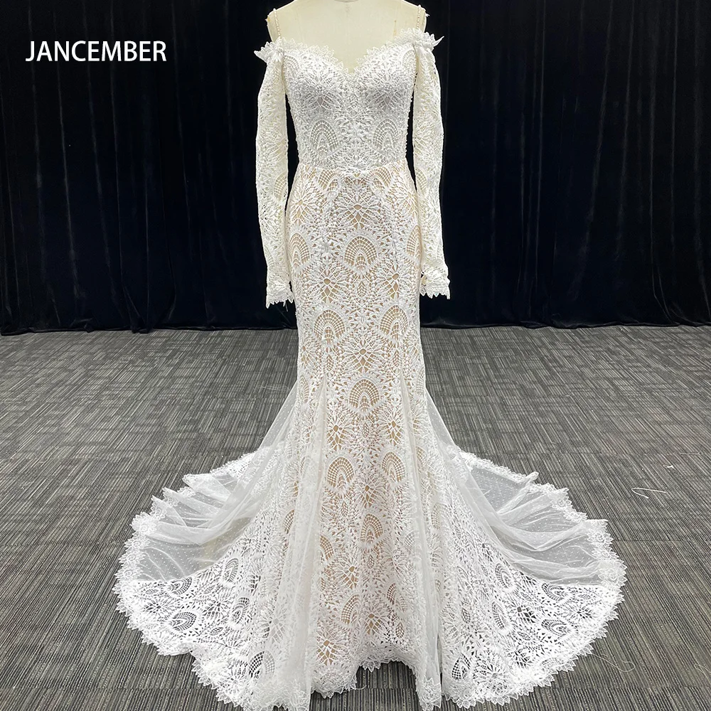 

Elegant Mermaid Wedding Dresses Scoop Romantic Dress For Bride Long Sleeves Floor-length Bridal Gown Vestido De Novia LSZT58