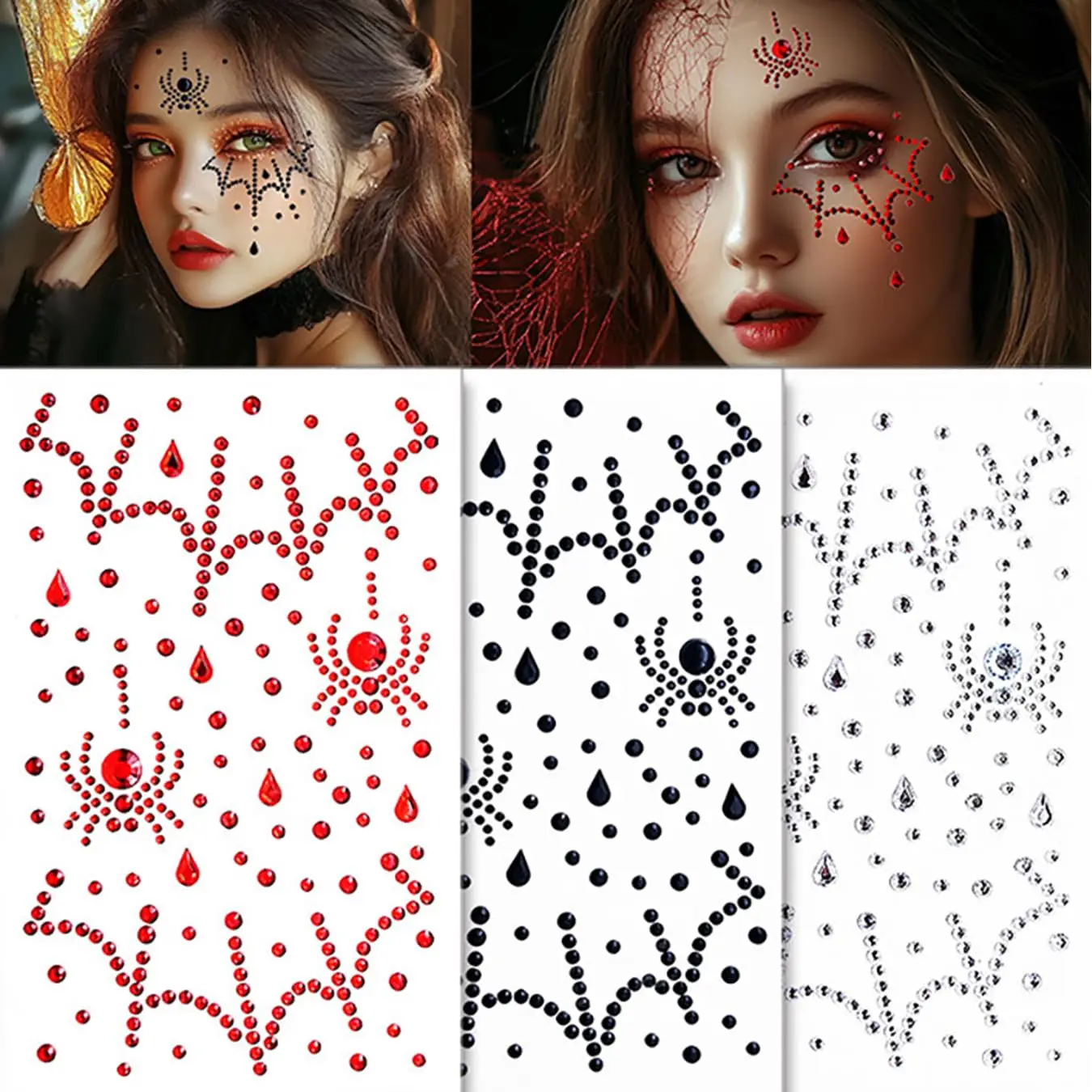 Halloween Face Gem Stickers Spider Lip Heart Self‑Adhesive Rhinestone Face Jewels for Party Cosplay Makeup Decoration