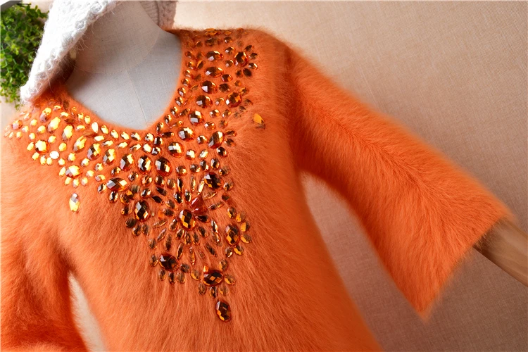 Female Women Fall Winter Thick Warm Orange Hairy Beaded V-Neck Half Sleeves Slim Blouses Angora Fur Pullover Jumper Sweater Pull