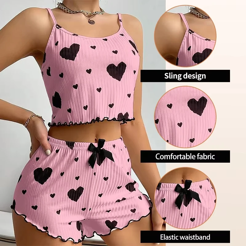 Women's Pajamas Set Sleepwear 2 PCS Short Tank Tops And Shorts S M L White Ventilate Soft Casual Love Printing image 4