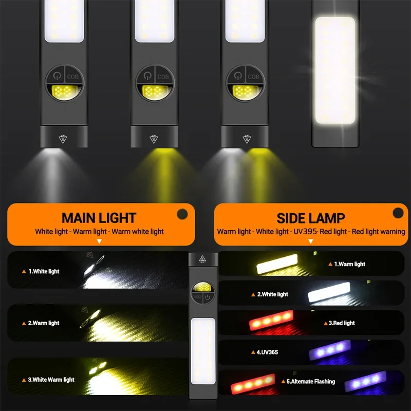 COB+LED Multifunctional Flashlight with 395UV Light Portable Charging Torch with Strong Magnet Outdoor Camping Emergency Lamp