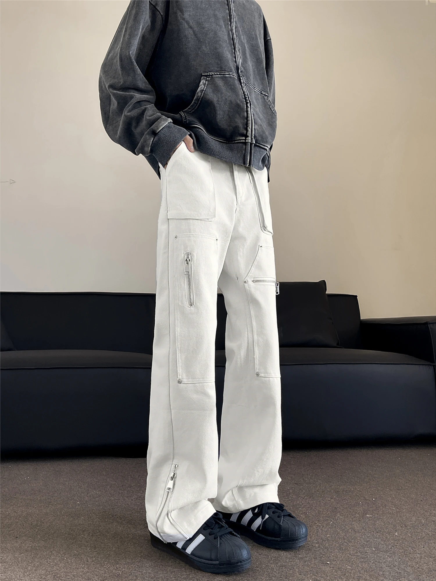 

American High Street Vibe Workwear Pants Men Women Style Retro Flared Straight Leg Zipper Casual Long Trousers