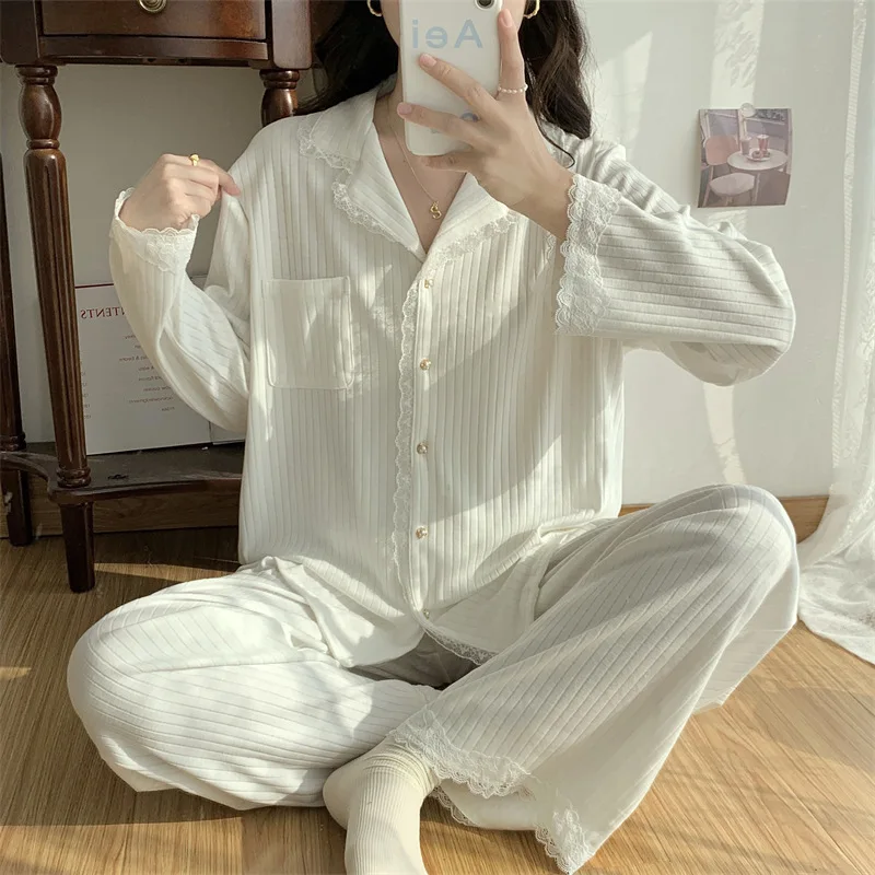 High Quality Korean White Pajamas For Women Sweet Lace Cotton Sleepwear Set Long Sleeve Autumn Winter Home Wear Pijamas Suit