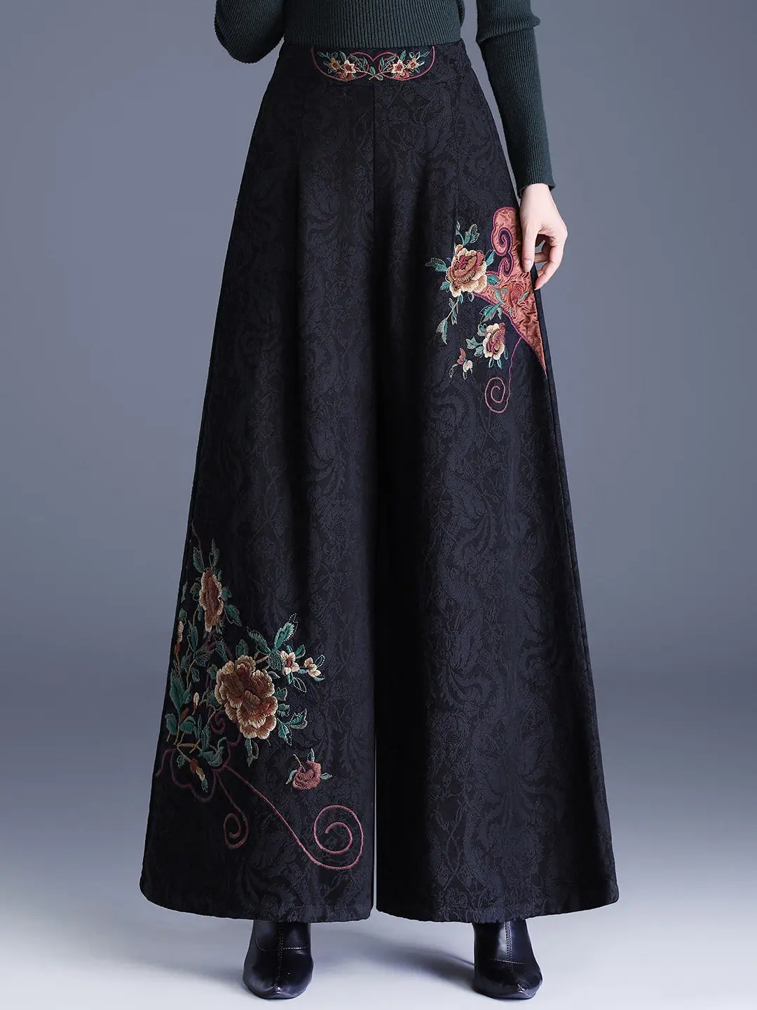 New 2026 Chinese Style Embroidered Wide Leg Pants High Waist Loose Casual Long Trousers Boot Cut Pants Floral Patterned