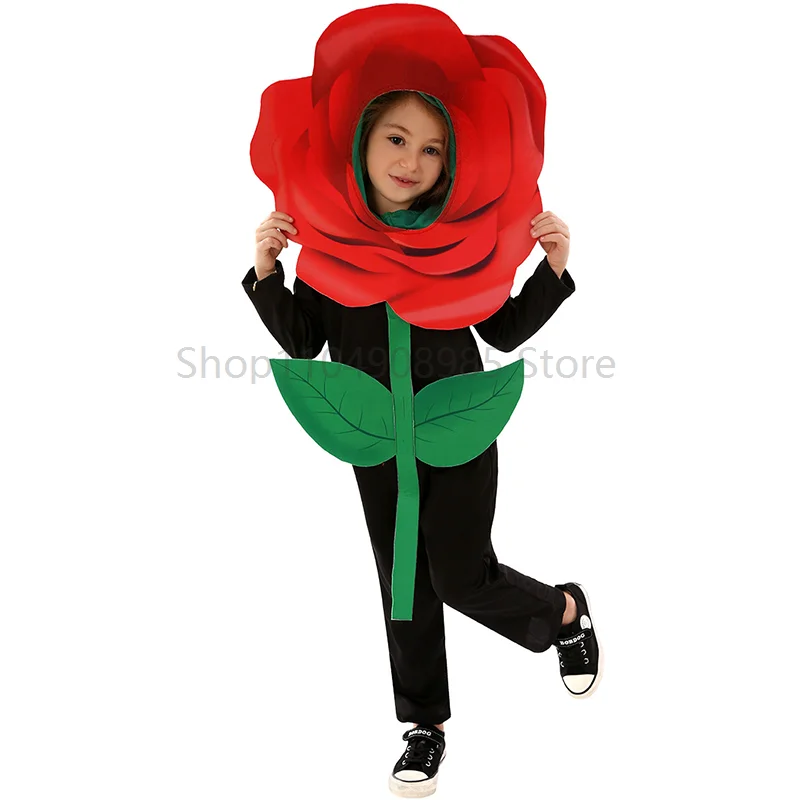 

Children Red Rose Floral Campus Stage Performance Fancy Dress Up Girls Beautiful Blooming Flower Costumes Economic