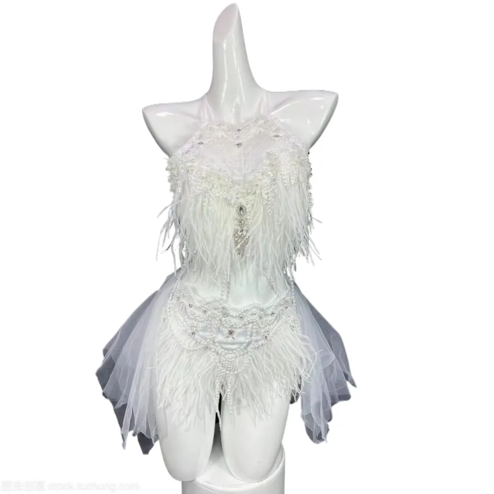 

New Women Ostrich hair bikini pearl float party singer gogo performance photo shooting gauze white black Set