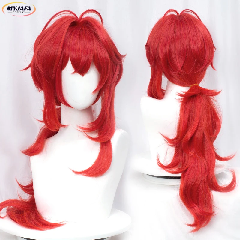 Diluc Cosplay Wig Game Diluc Ragnvindr Long Red With Ponytail Unisex Heat Resistant Synthetic Hair Anime Party Wigs + Wig Cap