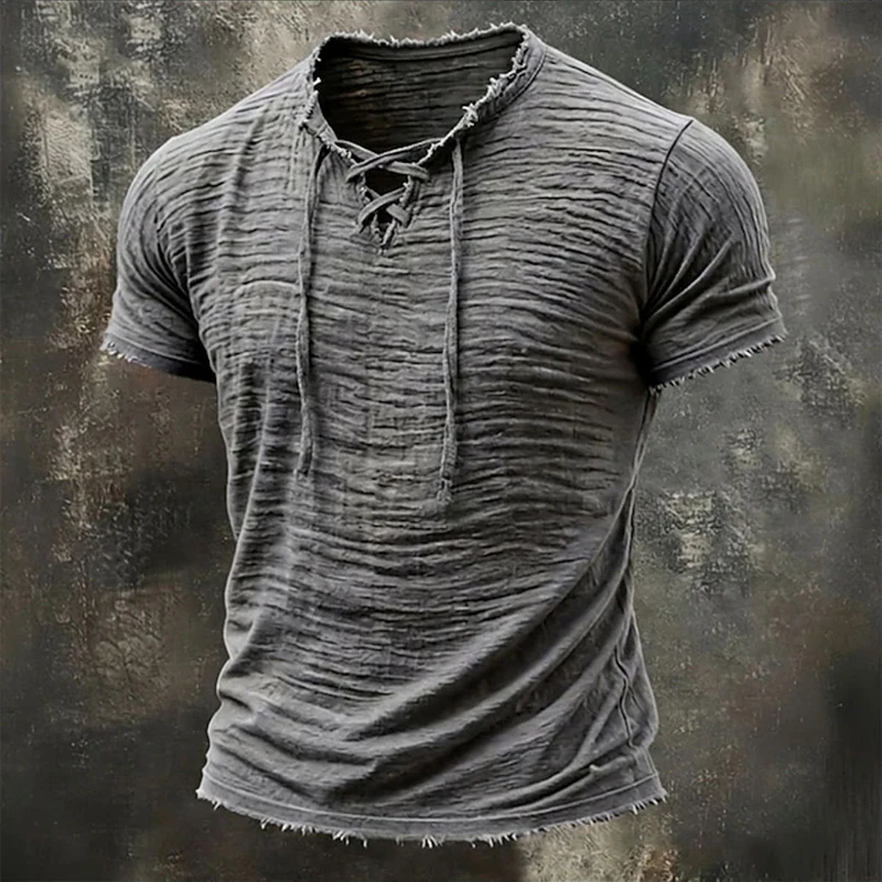2026 Summer Lace-up V Neck Tee Mens Vintage Ripped Loose Short Sleeve T Shirt Casual Solid Color Breathable Pullover Tops