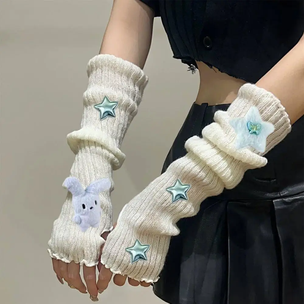 

Y2k перчатки без пальцев женские зимние вязаные рукава со звездами и кроликом украшения варежки длинные варежки на запястье готические перчатки грелки для рук