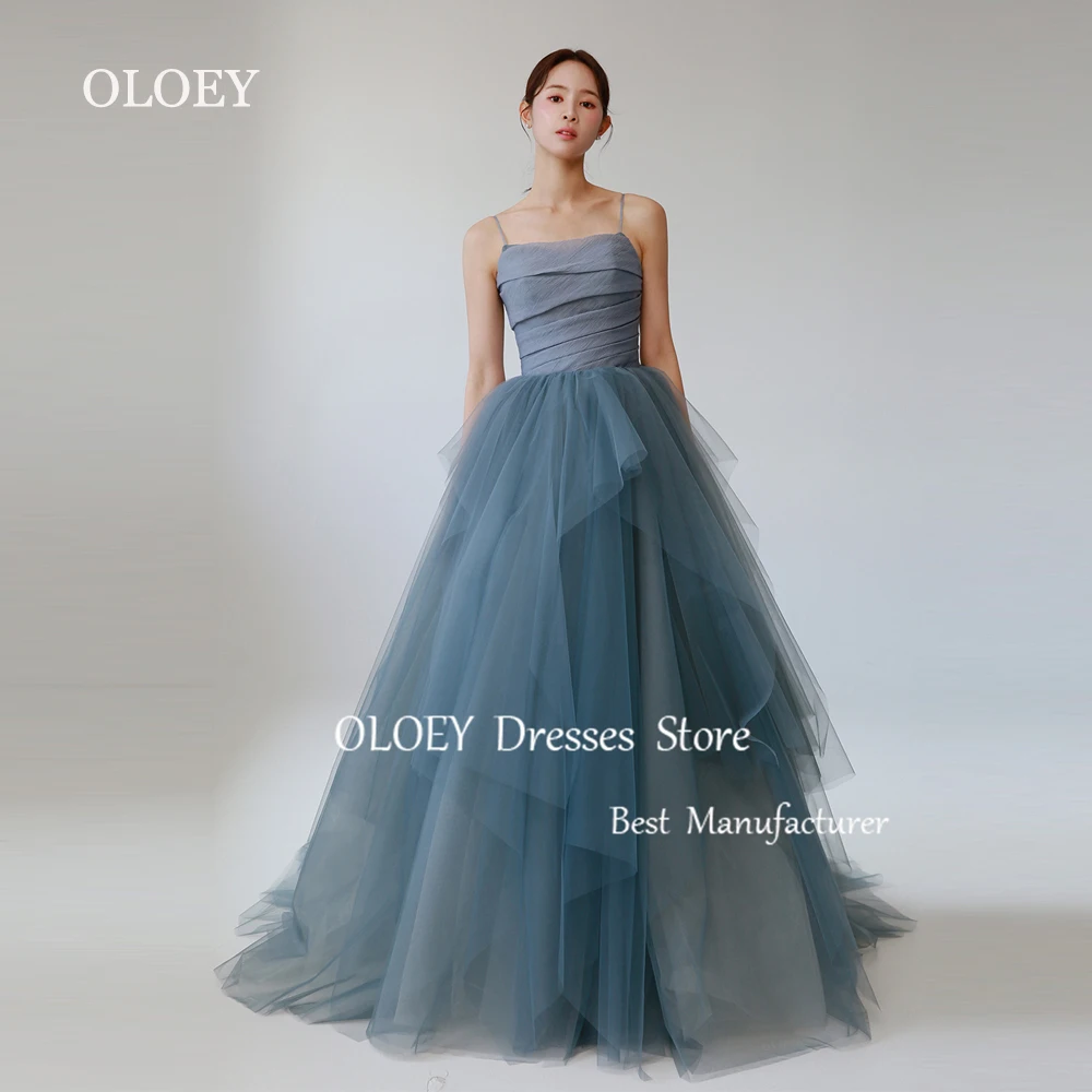 

OLOEY Simple Dusty Blue Long Prom Dress Korea Wedding Photoshoot Sleeveless Party Dress Spaghetti Straps Layered Tulle Corset