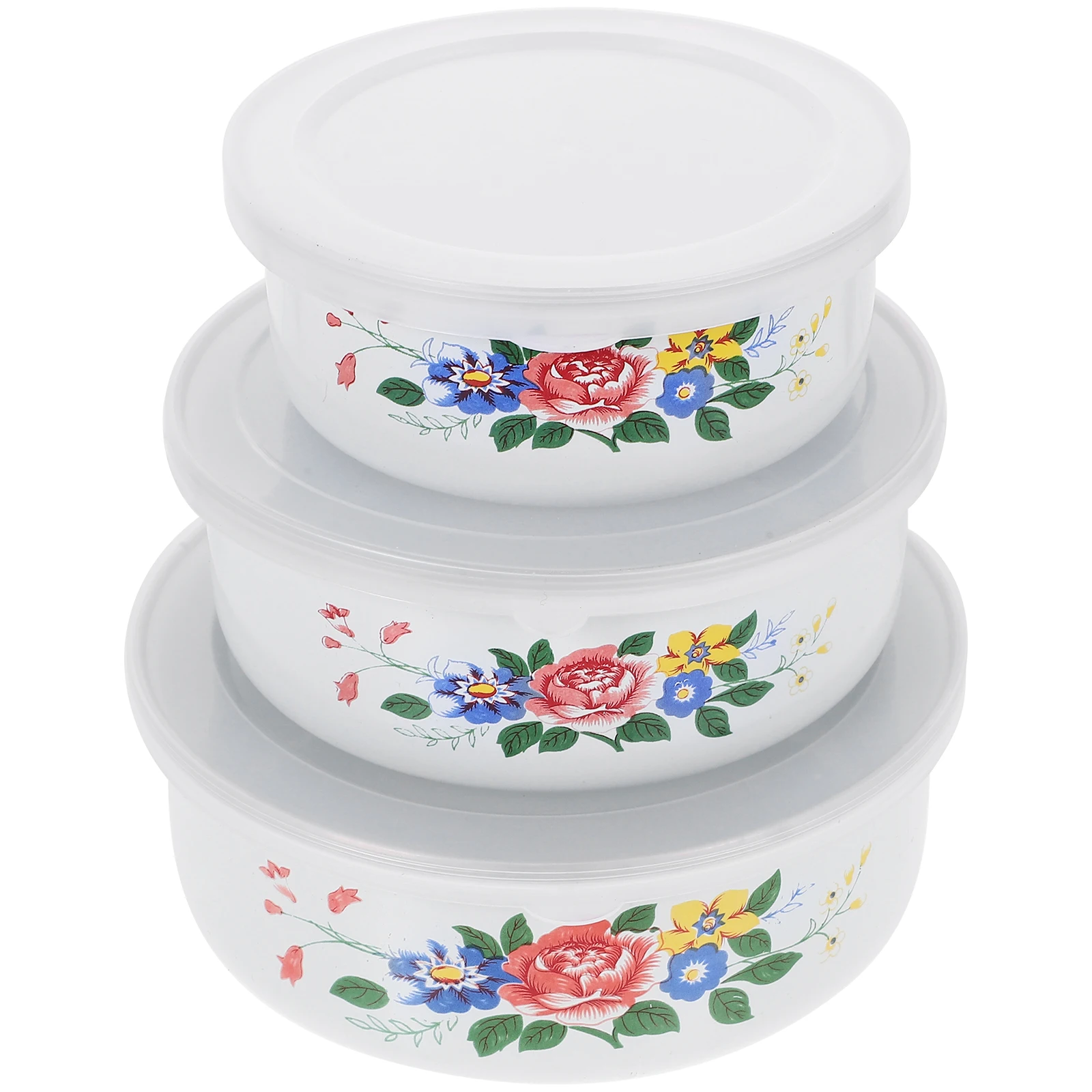 

3pcs 3 Piece Enamel Fresh Bowls Set Food Storage Containers Salad Mixing Bowls Ceramic Kitchenware Large Medium Small Size Lid