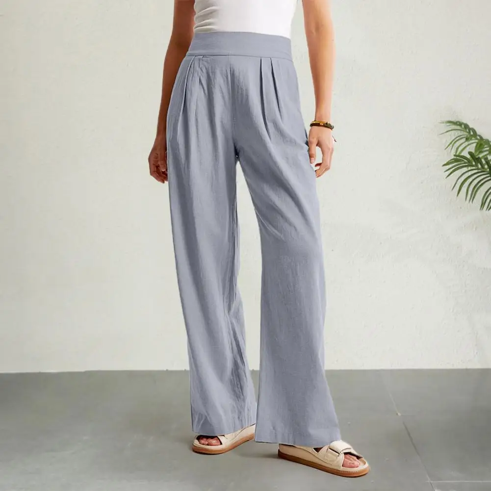 

Elastic Waist Pants Solid Color Pants Stylish Women's High Waist Wide Leg Pants with Pockets Solid Color Trousers for Wear