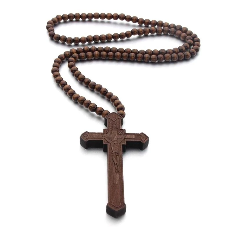 Catholic for Cross Necklace Wooden Beads Rosary Religious Wear Jesus Carved Pendant Chain Christian Prayer Jewelry