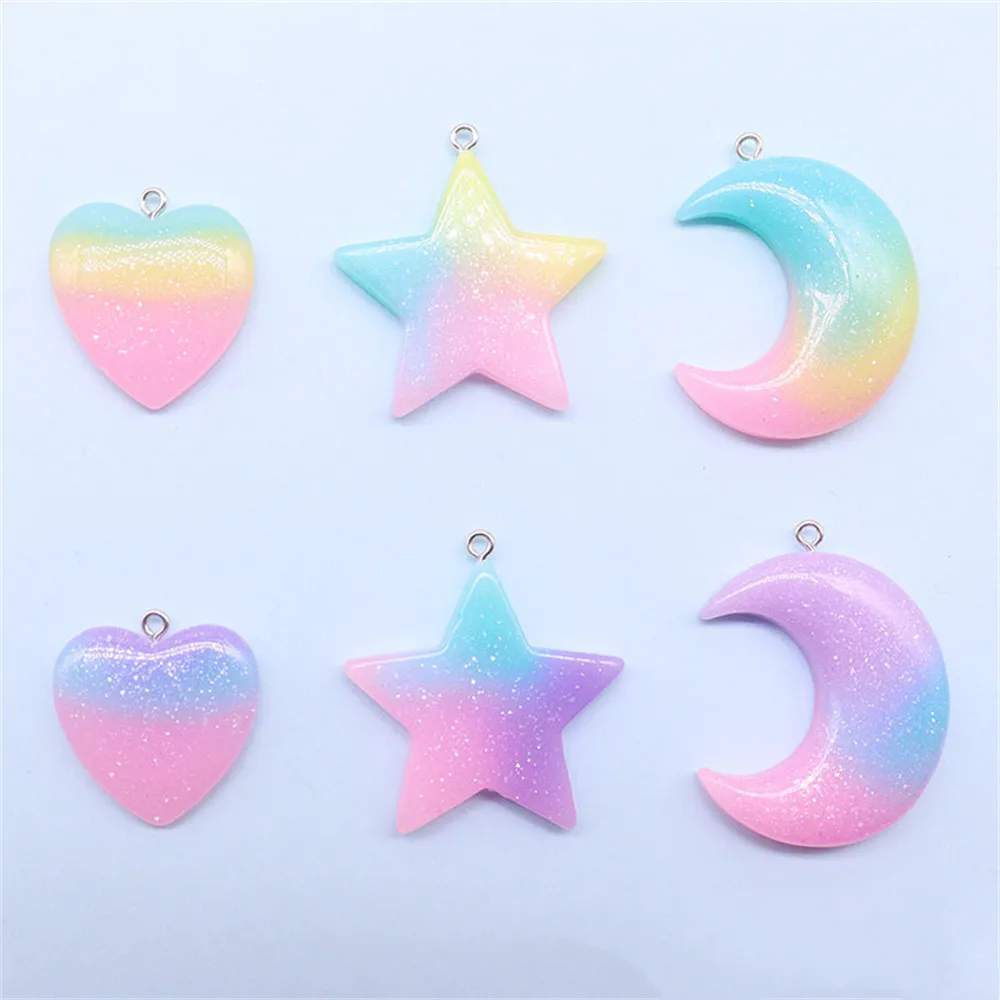 10Pcs Gradient Color Glitter Moon Star Love Heart Resin Charms Cute Keychain Necklace Earring Pendant Jewelry Making Accessories