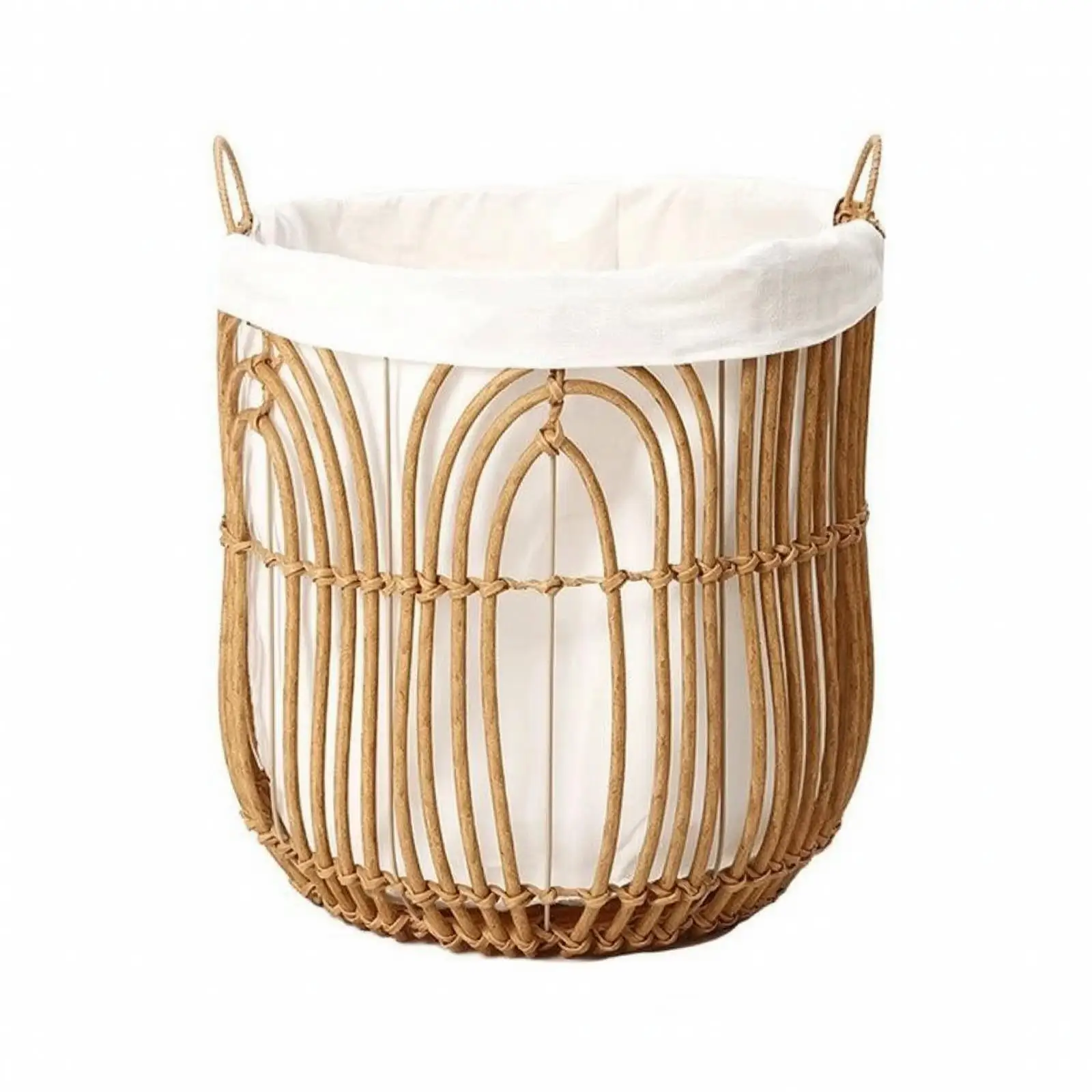 Decorative Braided Laundry Basket with Vertical Slats and Horizontal Bands for Dirty Clothes Collection