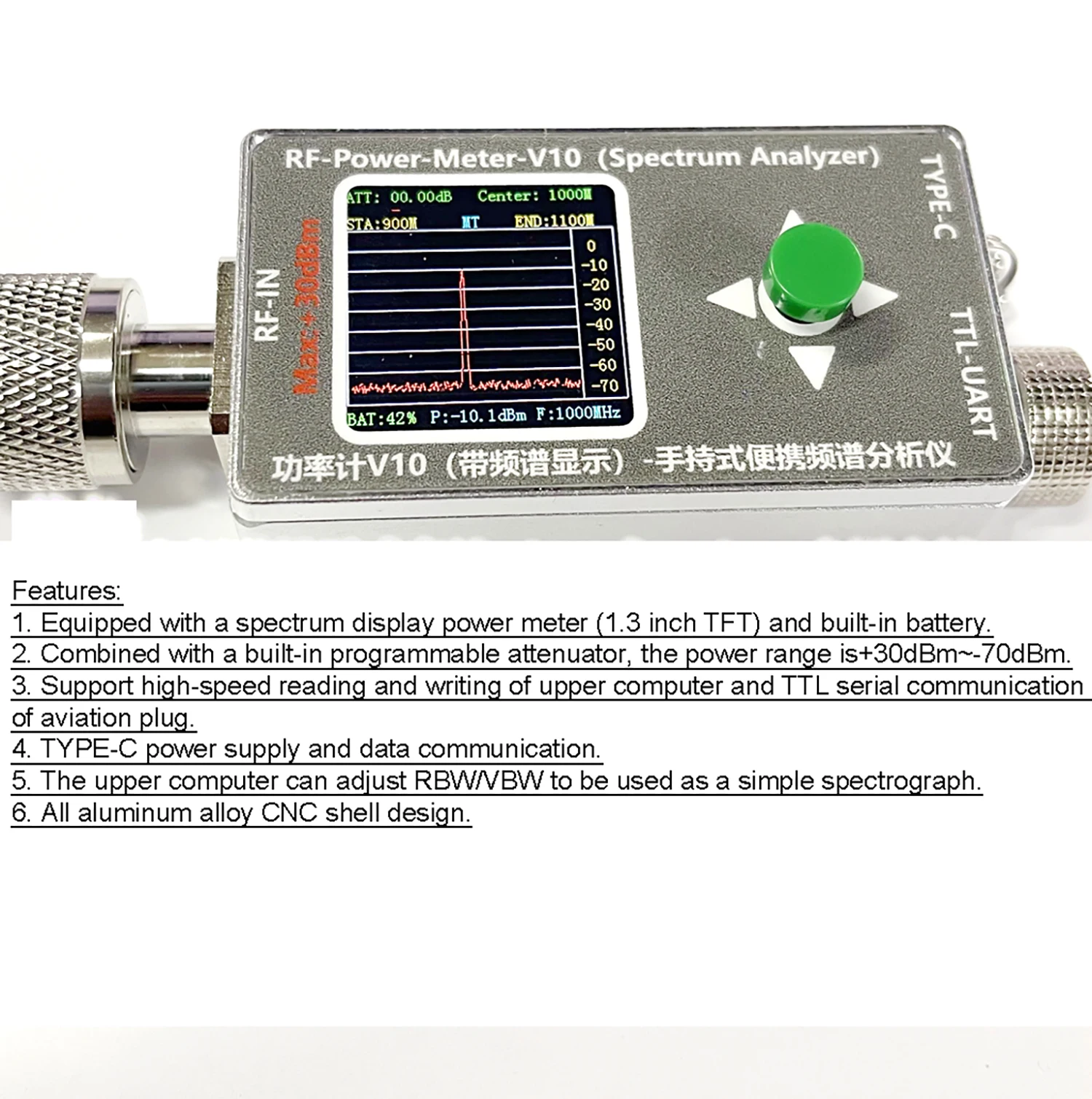 Medidor de potencia RF tipo N de 35M ~ 4,4 GHz, analizador de espectro V10 W, pantalla de comunicación de TYPE-C-70 ~ + 30dBm, atenuador, Detector de potencia EMC