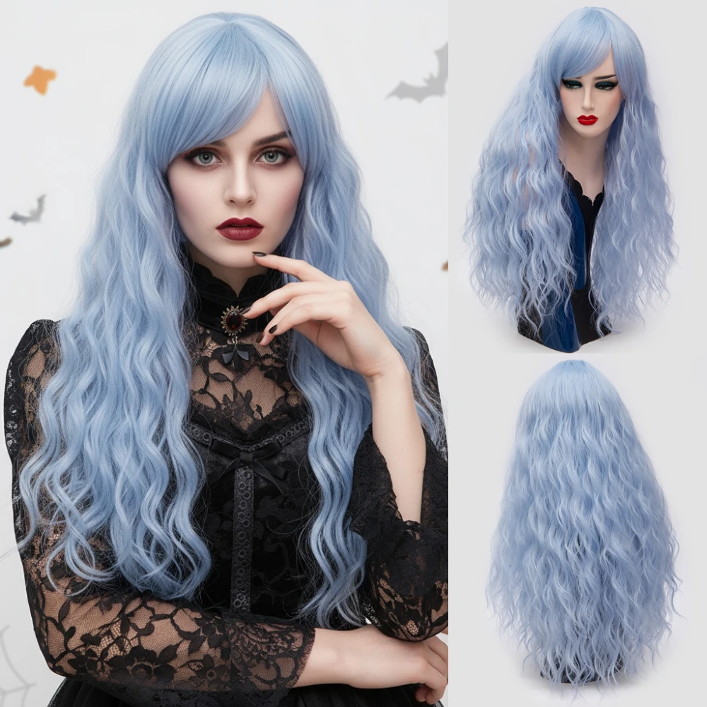 باروكة كوسبلاي زرقاء صناعية مقاومة للحرارة للنساء، تصميم طويل مموج مع ملحق جانبي مثالي للهالوين #1