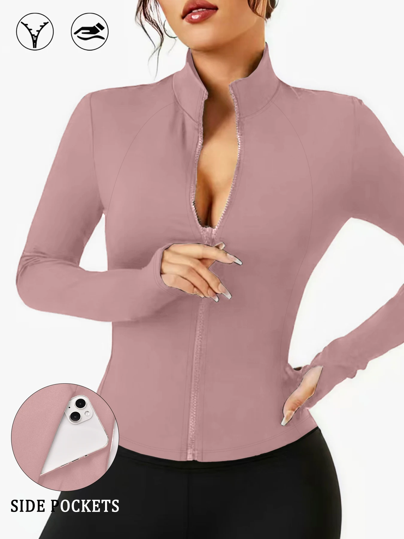 سترة اليوغا النسائية للتمرين بفتحات إبهام بسحاب كامل ومثالية للجري والمشي لمسافات طويلة والمزيد #1