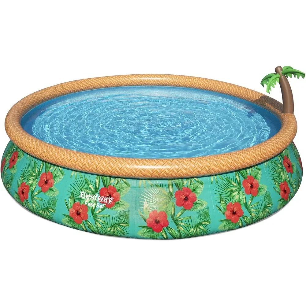 

Outdoor bathtub, 15 'x 33 "circular inflatable outdoor swimming pool, equipped with built-in palm tree sprinkler and filter pump