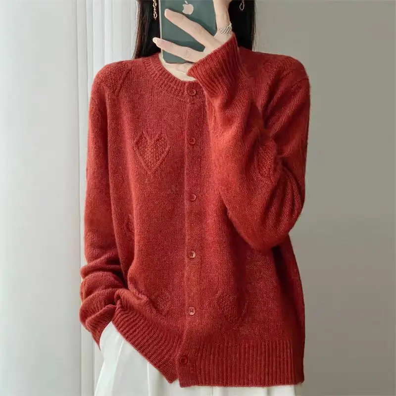 Thick Grid Love Pattern Jacquard Autumn Winter New Single Breasted Round Neck Warm Women's Cardigan Casual Joker Loose Lazy Tops