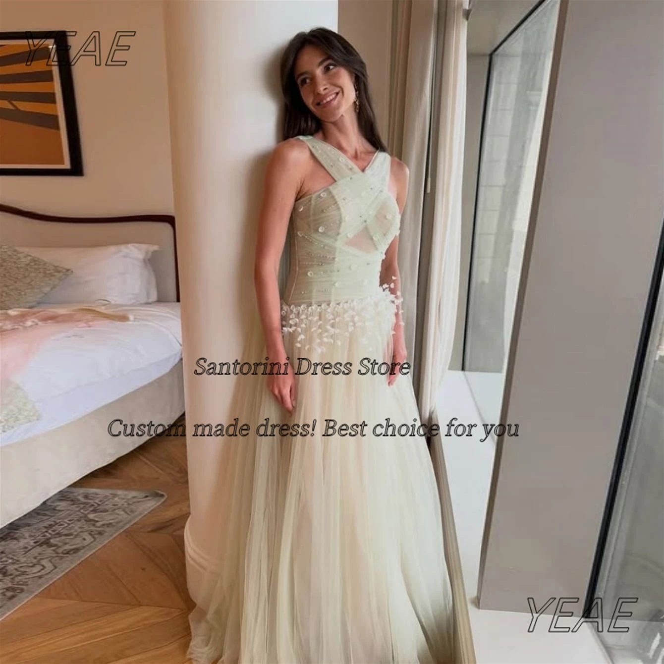 Santorini 2026 Newest Prom Dresses Criss Cross Neckline Robe Des Soiree Beaded 3D-Petals Long Tulle Evening Gowns Customized