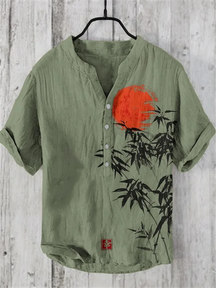 Japanese Bamboo Forest And Red Sun Art Linen Casual Shirt Men Clothings Fashion V-neck Short Sleeve Retro Tops Tunics Harajuku