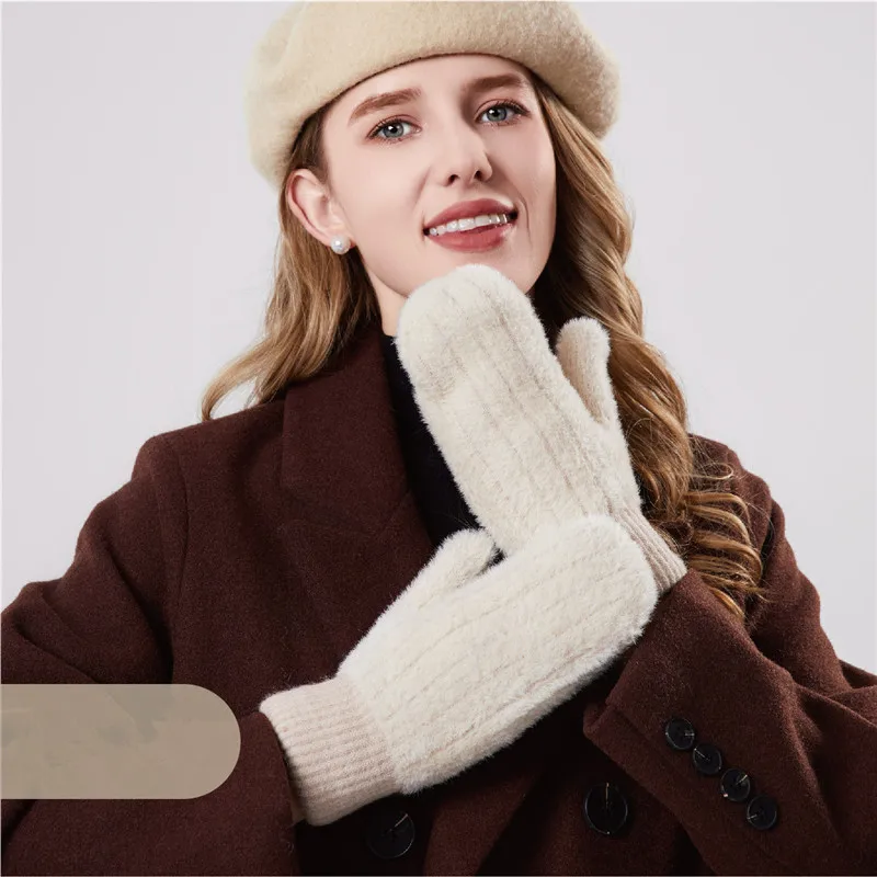 NEW Women Winter Warm Plush Gloves Korean Knitted Soft Full Fingers Mittens Imitation Mink Velvet Girls Fashion Outdoor Gloves