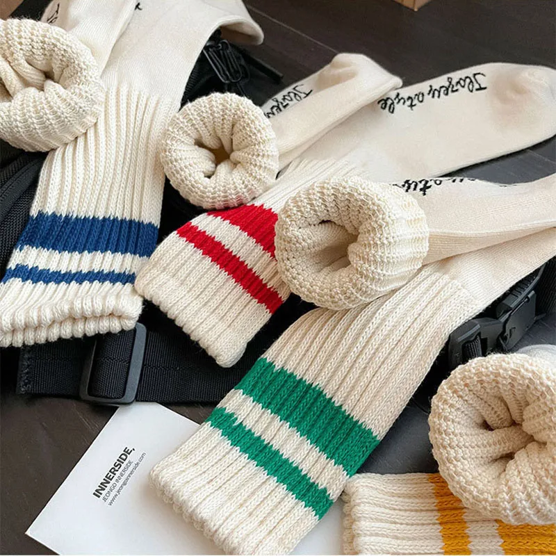 Retro Stripe Fashion Socks White Men Street Korea Hip Hop Skateboard Cotton Socks Breathable Harajuku Calceines