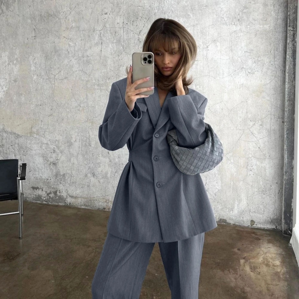 2024 Sloid Color Casual Waisted Blazer and Pants Suit Turndown Collar Three Button Jacket and Pant Women Suit Two Piece Outfits