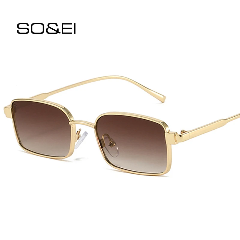 SO & EI جديد المعادن مستطيل النساء النظارات الشمسية موضة التدرج ظلال UV400 الرجال الشاي الأزرق فاسق نظارات شمسية