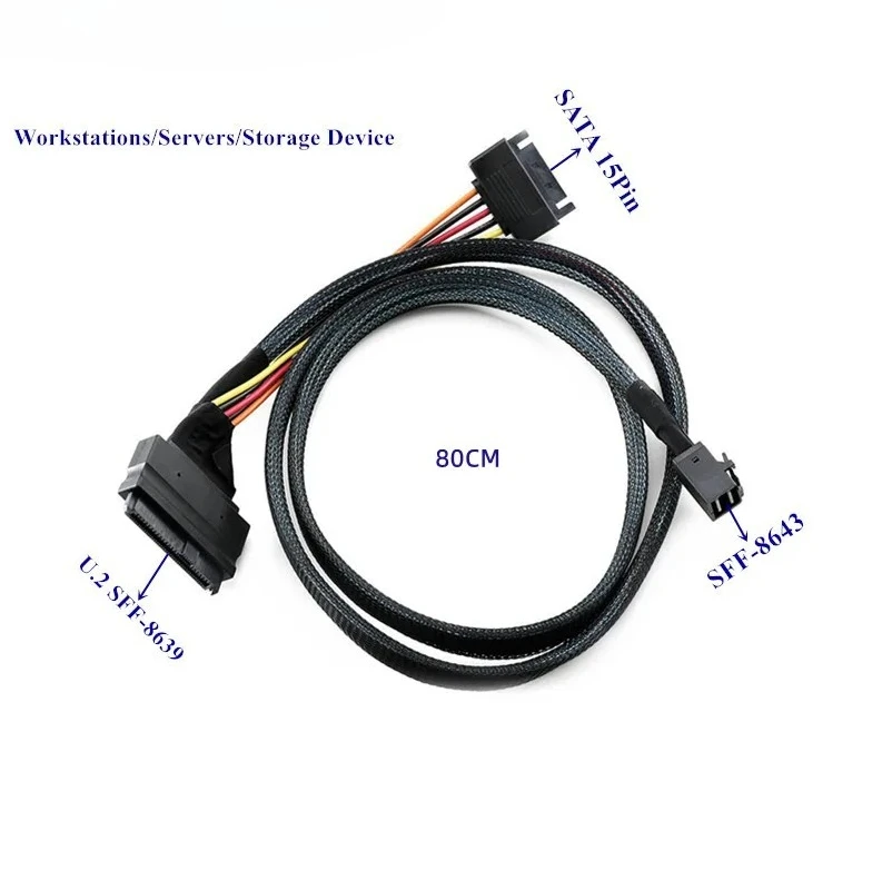 Z Mini Sas Sff 8643 To Sff 8639 U.2 Connector with Sata 15Pin Power Data Extension Cable 12Gbps 0.8M for U2 Nvme Ssd
