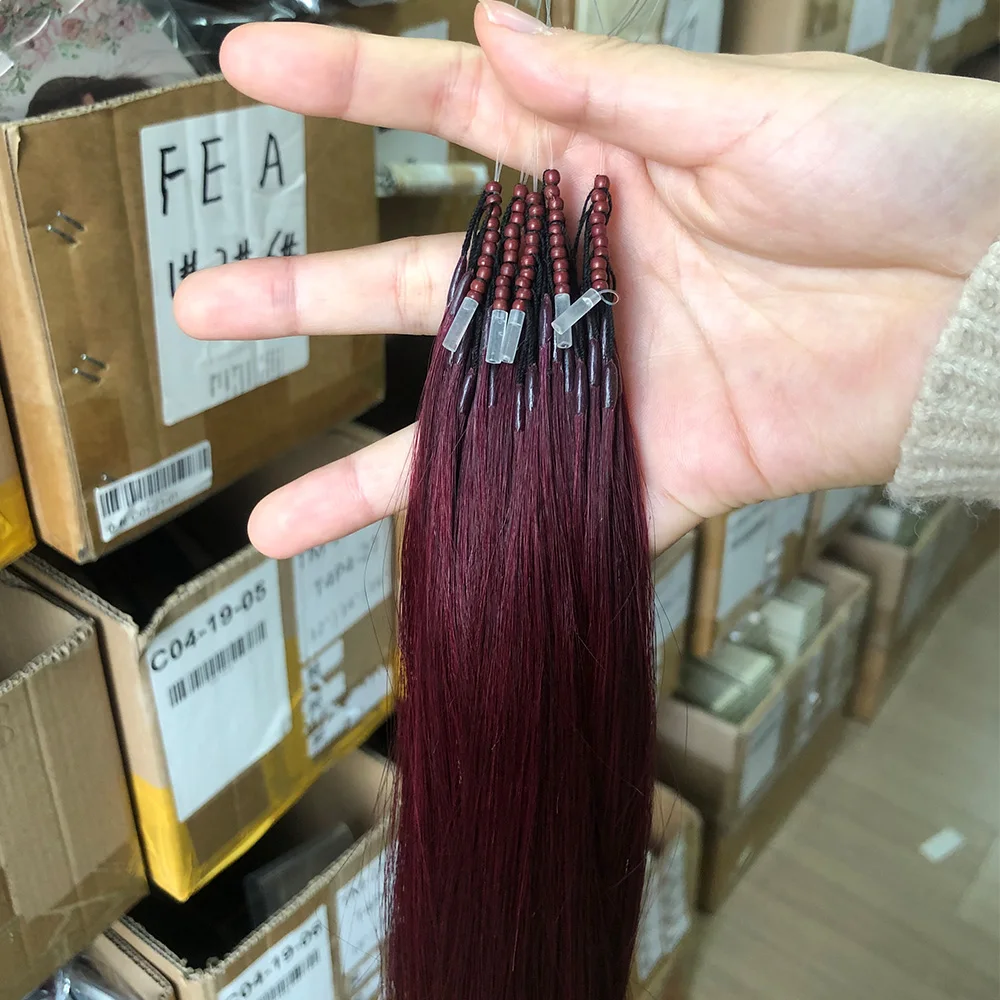 8D Micro Bead Human Hair Extensions 100% Human Hair Natural Burgundy Invisible Silicone Nano Ring Human Hair Extensions