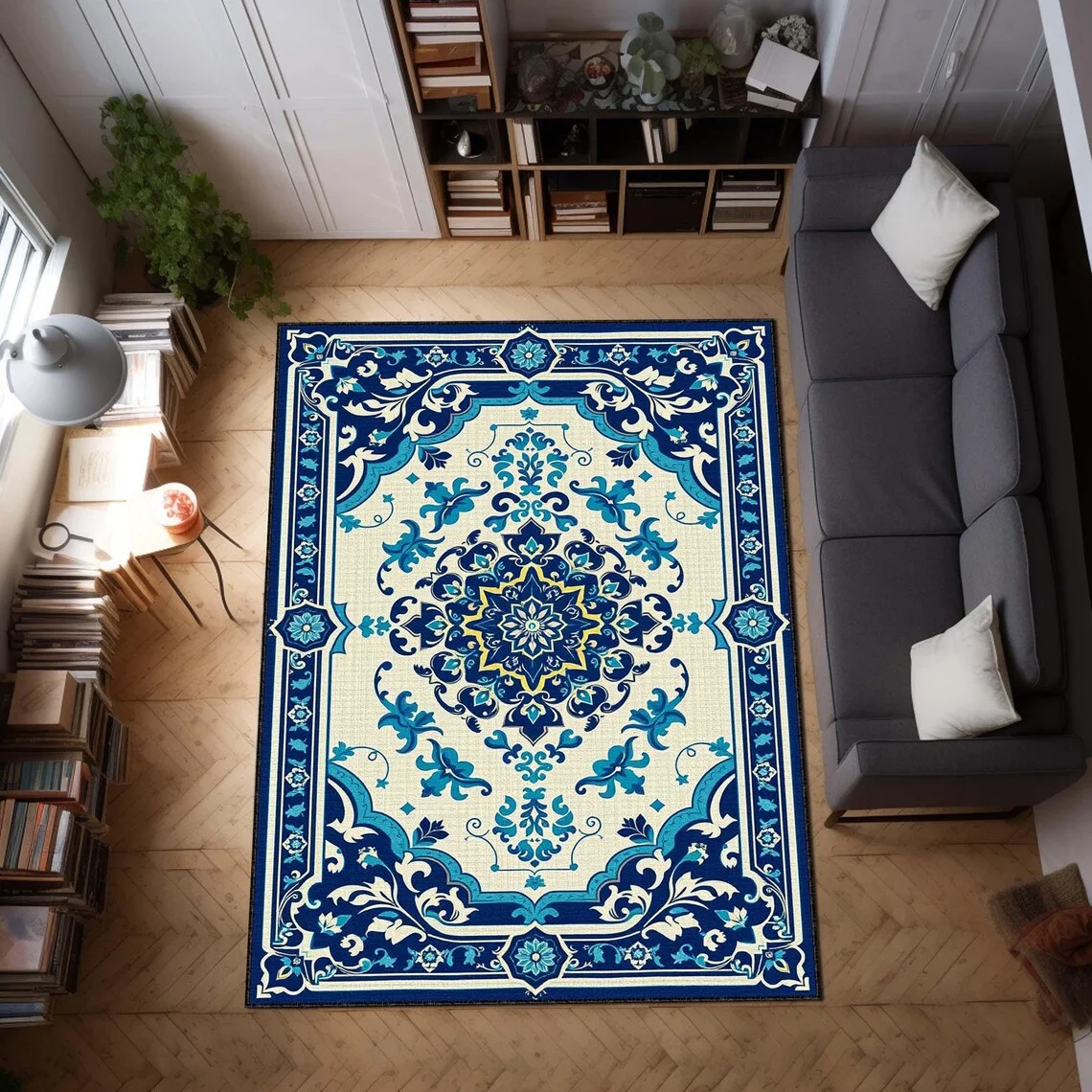 سجادة كليم آرت ديكو التركية الزرقاء سجادة شرقية كلاسيكية، سجادة أرضية منسوجة بوهو للعتيق، انتقائية، ديكور البحر الأبيض المتوسط، سجادة