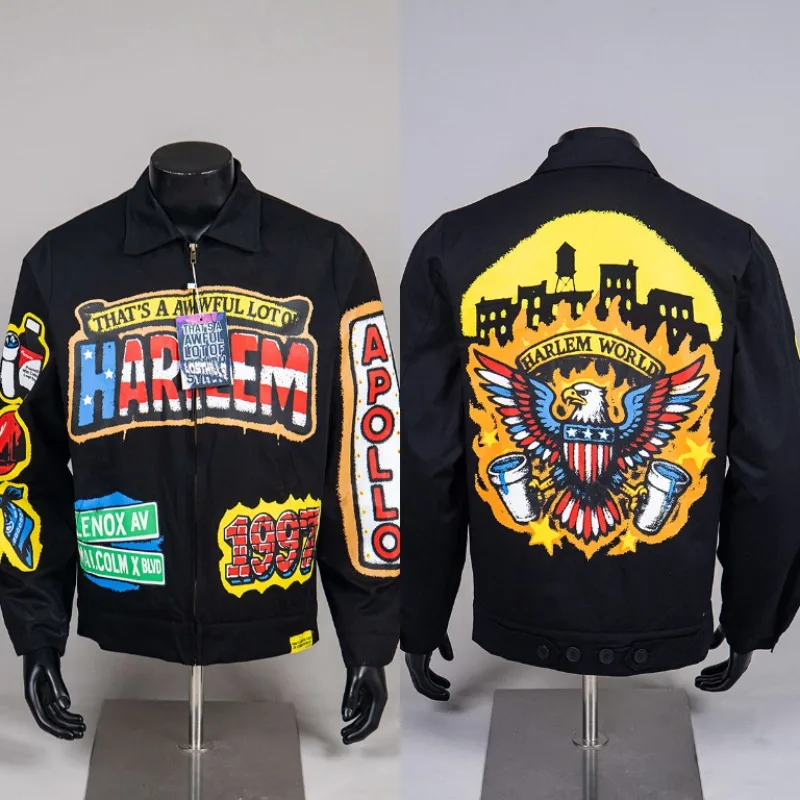 THAT'S A AWFUL LOT OF COUGH SYRUP Retro Street Black Collar Outerwear Multi Street Sign Graffiti Full Print Zip Jacket