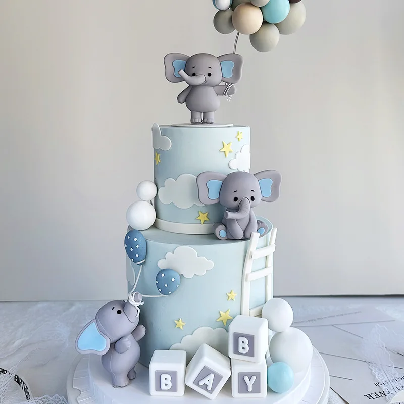 Baby Elefant Puppe Kuchen Topper Weiche Gummi Puppe Ornament Grau Elefant Kinder Erster Geburtstag Kuchen Dekor Geschlecht offenbaren Zubehör