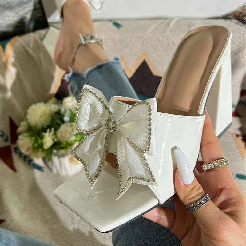 Liyke 2024 New Fashion Crystal Butterfly Knot Leather Women Slippers Outdoor Dress Slides Shoes Ladies Sandals High Heels Yellow
