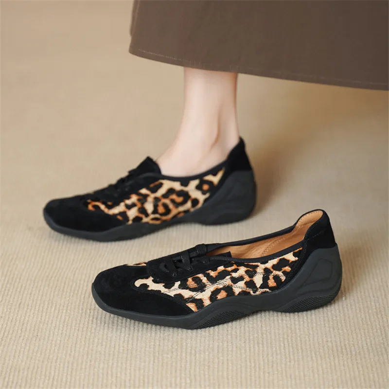 New Spring/Summer Sheep Suede Women Shoes Round Toe Shoes for Women Fashion Leopard Print Horsehair Women Pumps Low Heel Shoes