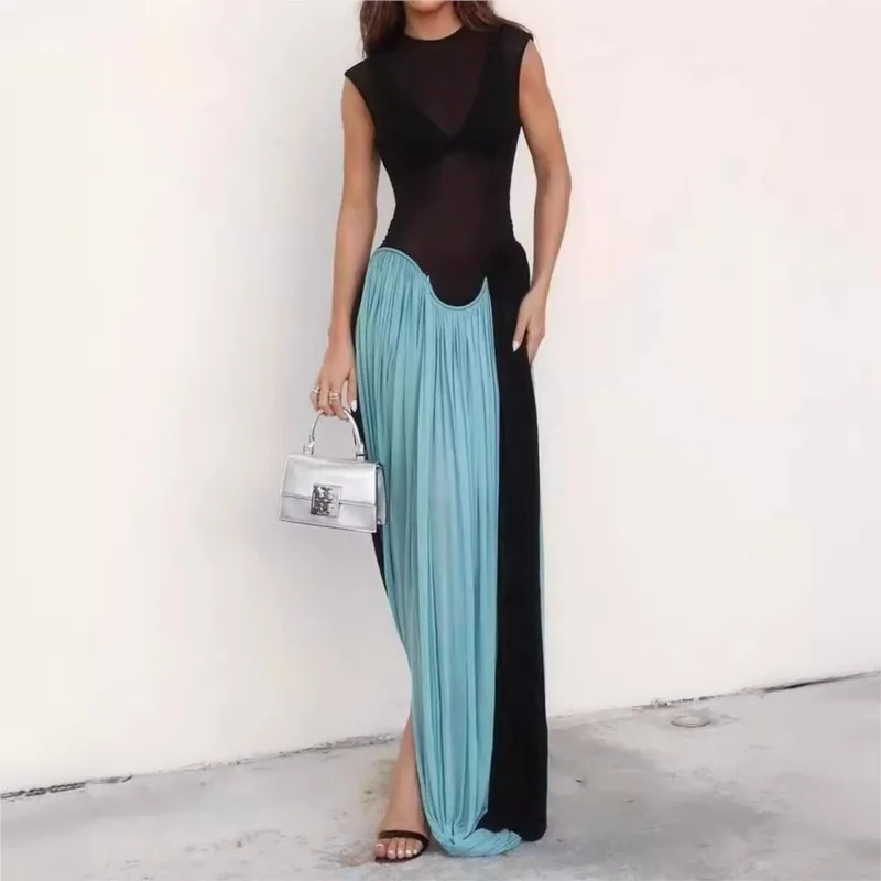 

Sexy Elegant Sleeveless Long Dress Women 2025 New Fashion Pleat Slim Nightclub Party Vestidos Patchwork Mesh Splicing Dresses