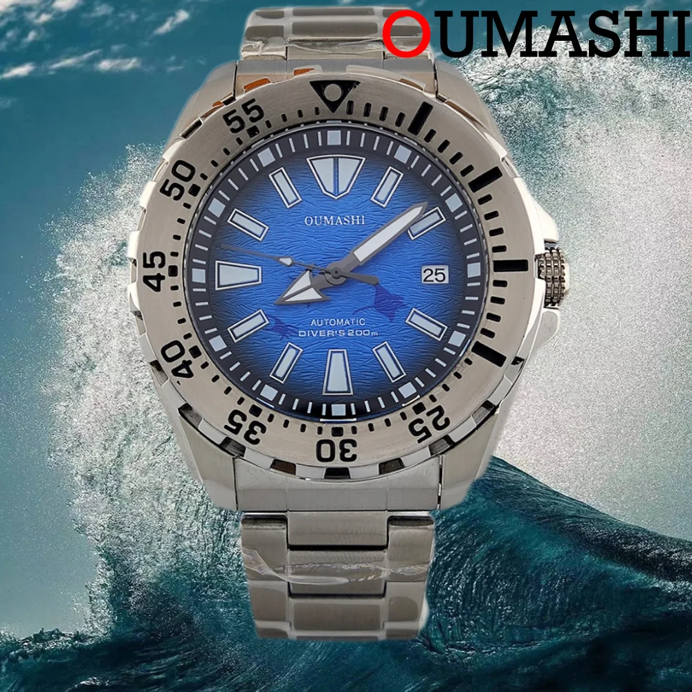 

oumashi Luminous 44mm 200M Diving Watches AR Sapphire Crystal Monster Blue Dial Wristwatches Steel NH35 Mens Automatic Watch