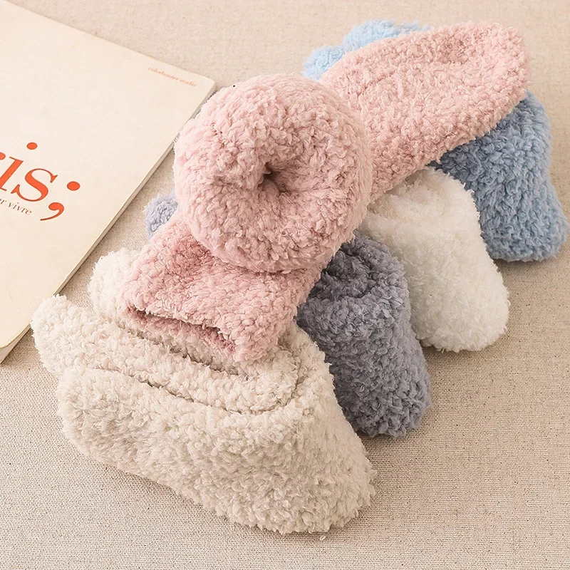 Women Fleece Warm Socks Winter Thick Middle Tube Candy Color Fluffy Coral Floor Socks Cute Breathable Pure Home Wear Calcetines