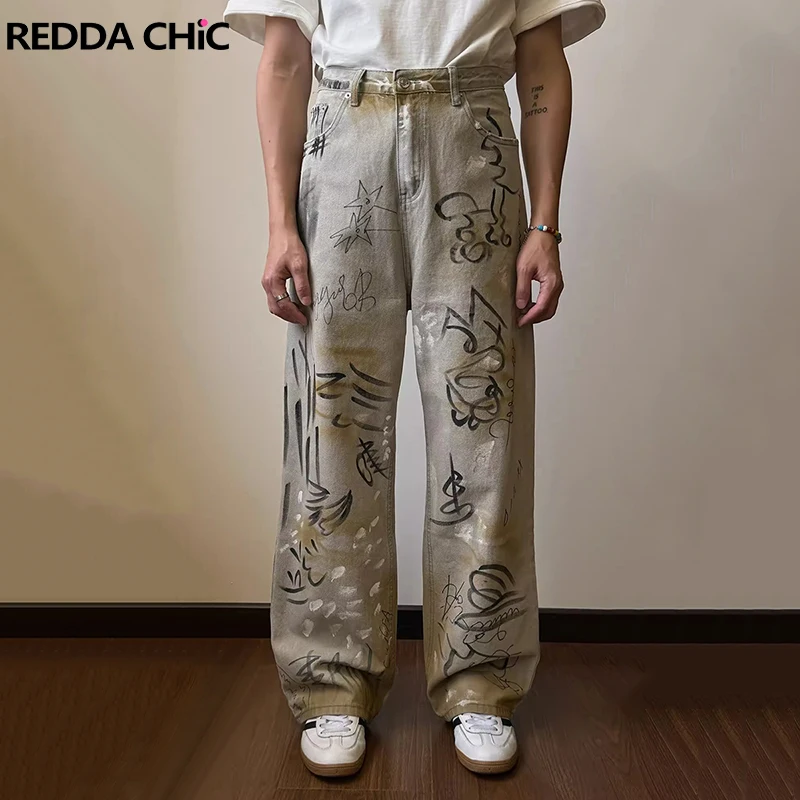 REDDACHiC Aesthetic Print Graphic Baggy Jeans Men Plus Size High Waist Do Old Graffiti Skater Oversize Pants Y2k Vintage Clothes