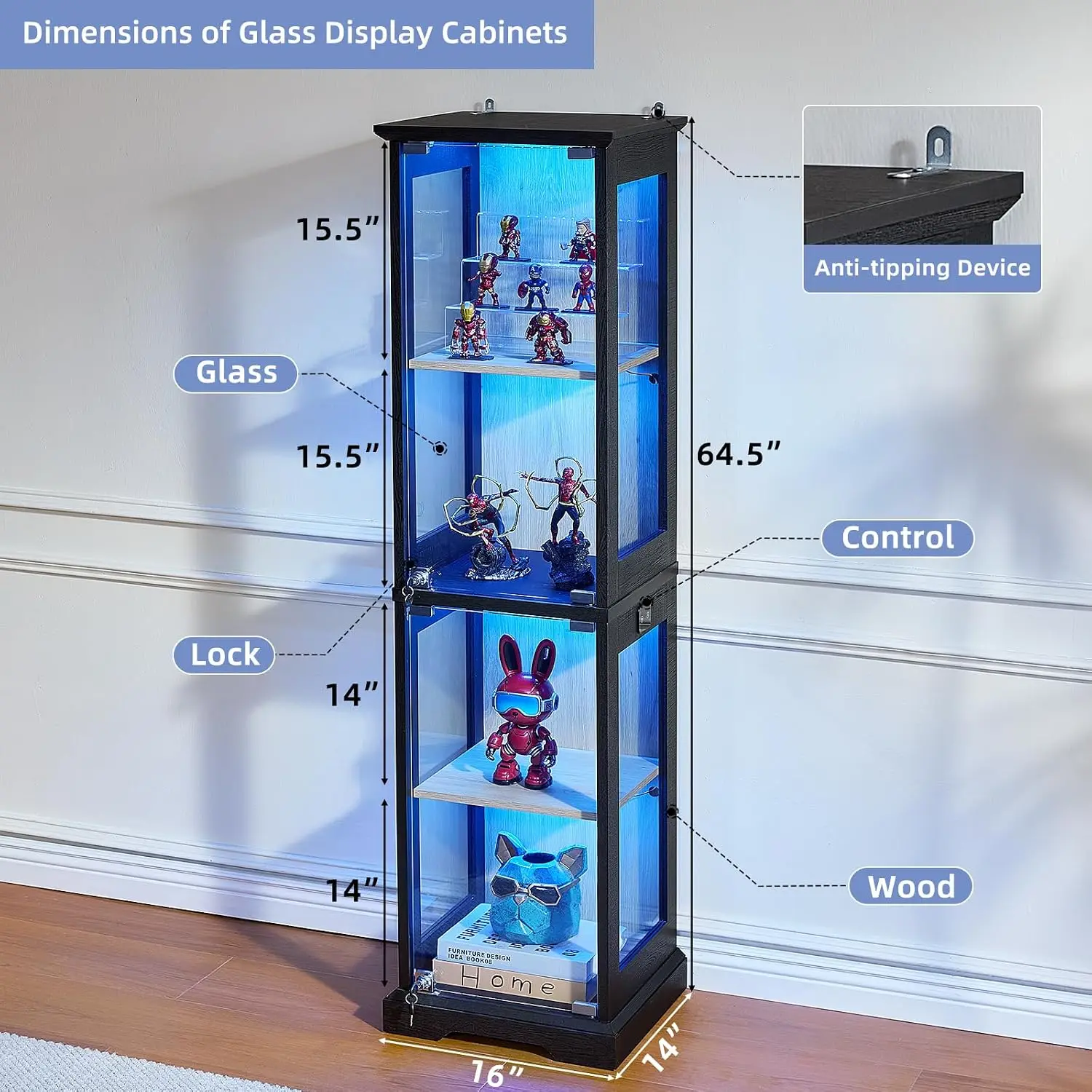 Farmhouse Narrow Glass Display Cabinet with Doors & Lock, Black, Wooden Curio Cabinets with 3 Color Motion-Sensor Light