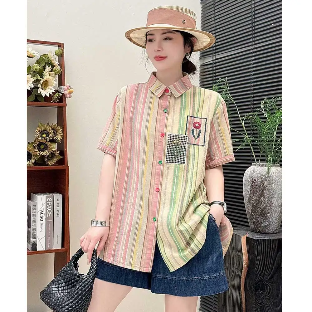 

Women Summer Sweet Mori Girl Vintage Colorful Stirped Embroideried Cotton Shirts Turn Down Collar Short Sleeve Casual Blouse