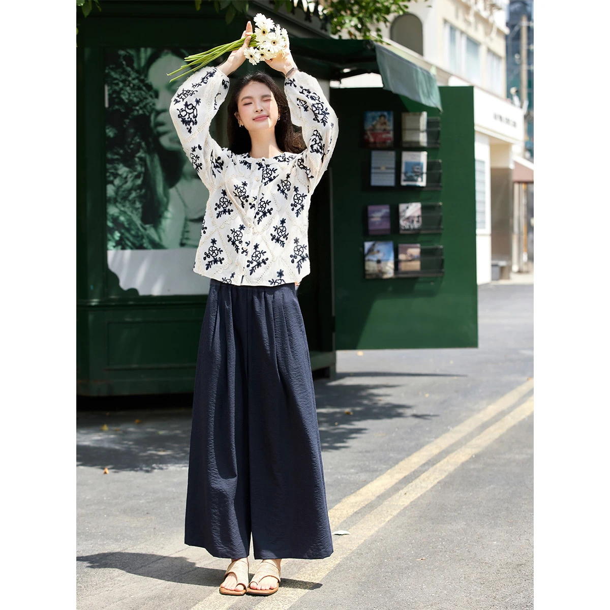 

Vimly Women's Office Pant Set 2026 Autumn New Linen Blend Long Sleeve Round Neck Top & Wide Leg Pants Casual Workwear A2879