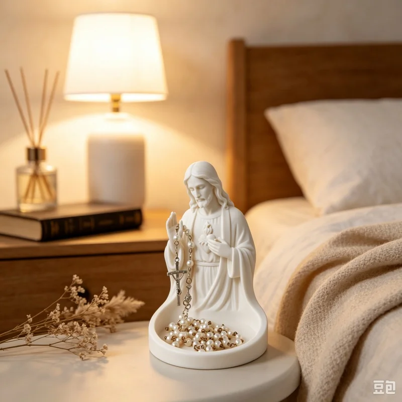 3D Printed Sacred Heart Jesus Rosary Holder Statue Desktop Tray Religious Figurine Home Tabletop Decor Ornament