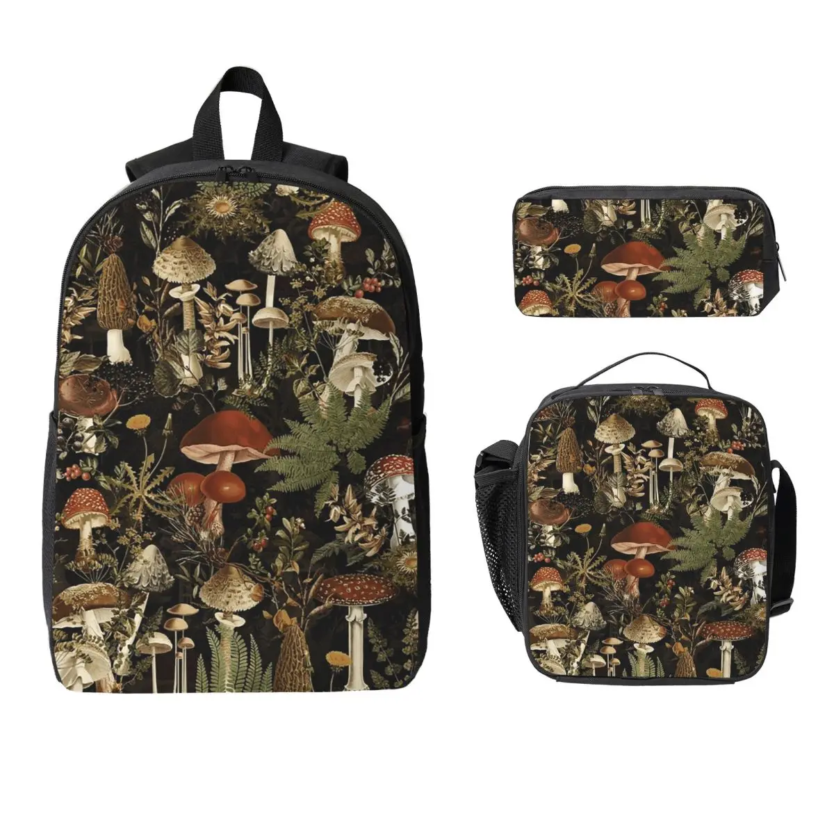Midnight Mushrooms Forest Botanical Night Garden Backpack BookBag School Bag Shoulder Bags 3ps Insulated Lunch Bag Pencil Case
