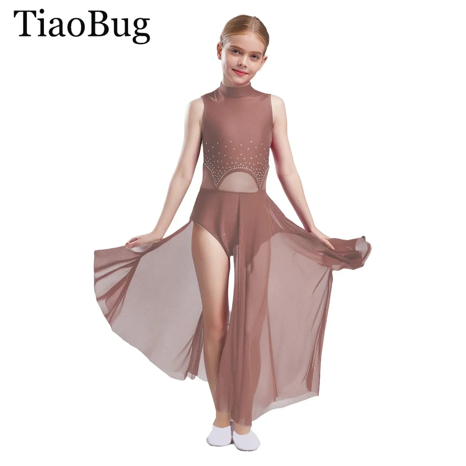 

Girls Lyrical Dance Dress Rhinestones Ballet Contemporary Dress Sleeveless Sheer Mesh Split Gymnastics Figure Skating Costumes