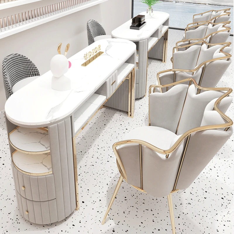 White Gold Nail Desk Chairs Organiser Modern Designer Nail Table Nordic Aesthetic Scrivania Per Unghie Manicure Furniture