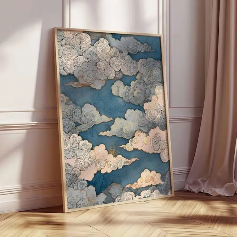 1pc Canvas Painting frameless Japanese Cloud Art Poster, Blue and Gold Sky Print, Elegant Japanese Decor, Zen Minimalist Wall Ar