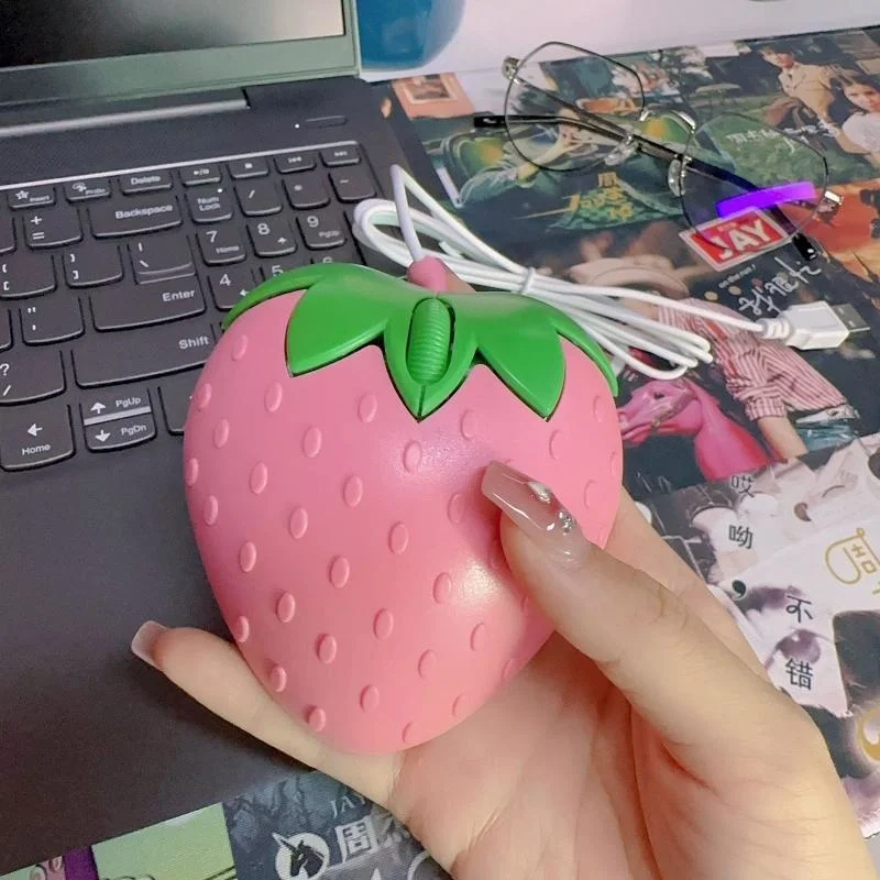 Ratón con cable de fresa rosa para niñas, pequeño ratón óptico USB para juegos de ordenador, regalo para oficina, portátil y escritorio, nuevo